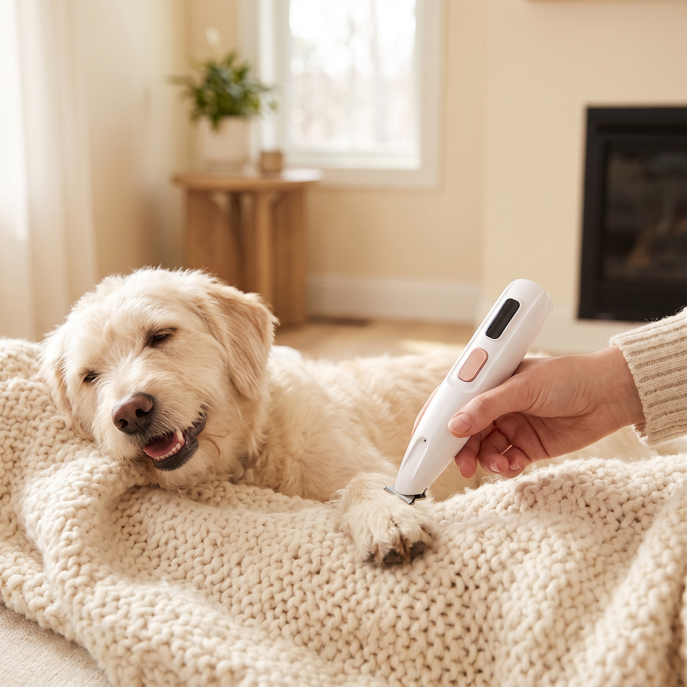 Entspannter Hund wird zuhause mit dem Pfotique LED-Pfotentrimmer gepflegt